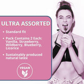 A woman in a black bikini top playfully licks a lollipop. Text reads: "Glyde Natural Flavors Condoms with 5 Flavors (10-Pack). Standard fit. Contains 2 each of Vanilla, Strawberry, Wildberry, Blueberry, and Licorice. Sustainably produced from natural latex with delightful flavors.